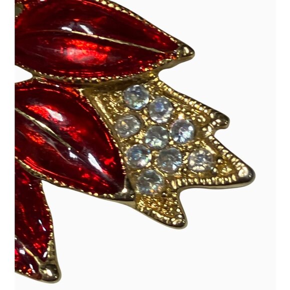 Red Enamel Crystal Flower Brooch Gold Tone vintage - Picture 3 of 7